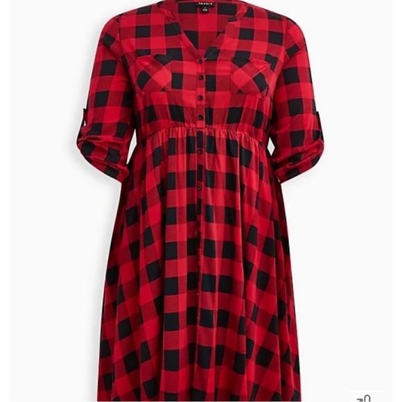 🆕️🍂🍁 STRETCH CHALLIS PLAID RED SHIRT DRESS 🍁🍂 🍂🍁NWT🍁🍂 - Picture 4 of 6